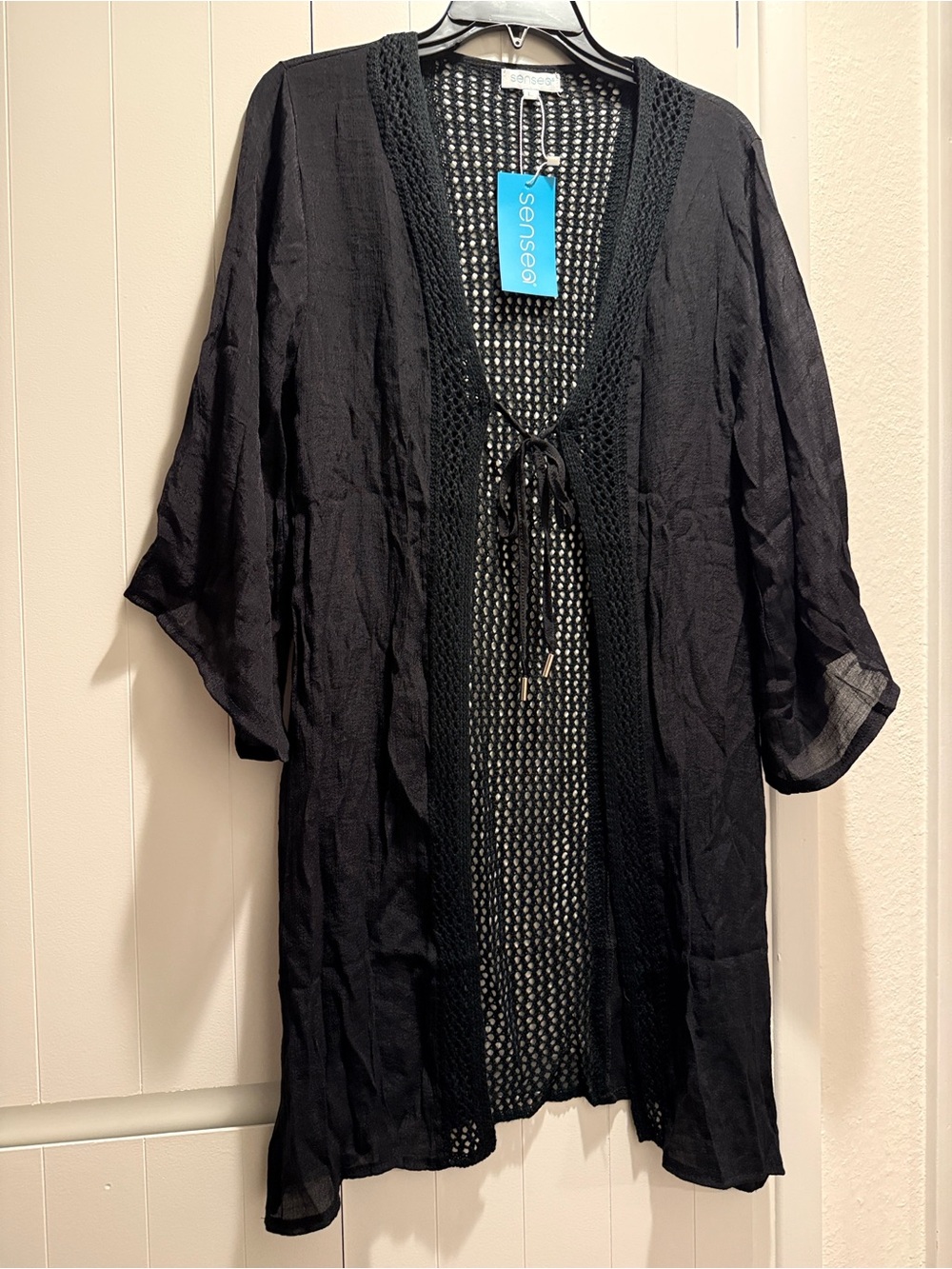 Senseo Black Crochet Trim Kimono Cover-Up